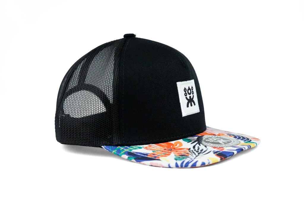 BLACK FLAT TRUCKER EXOTIC FLORAL BRIM.