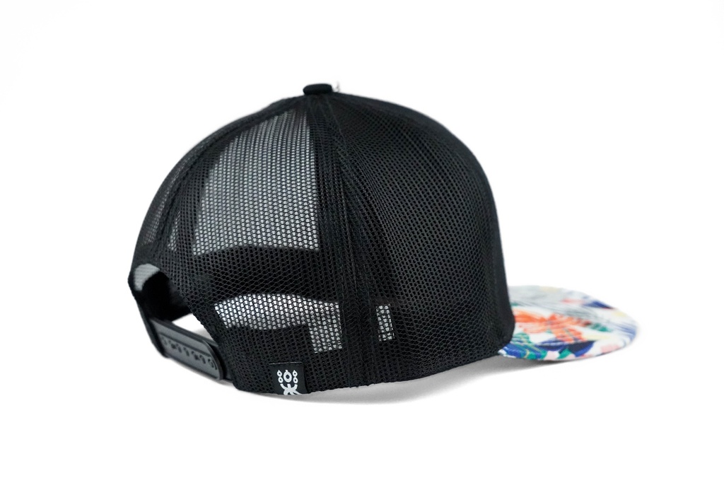 BLACK FLAT TRUCKER EXOTIC FLORAL BRIM.
