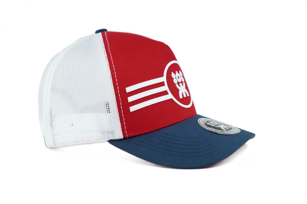 RED/BLUE/WHITE TRUCKER WHITE CIRCLE LOGO