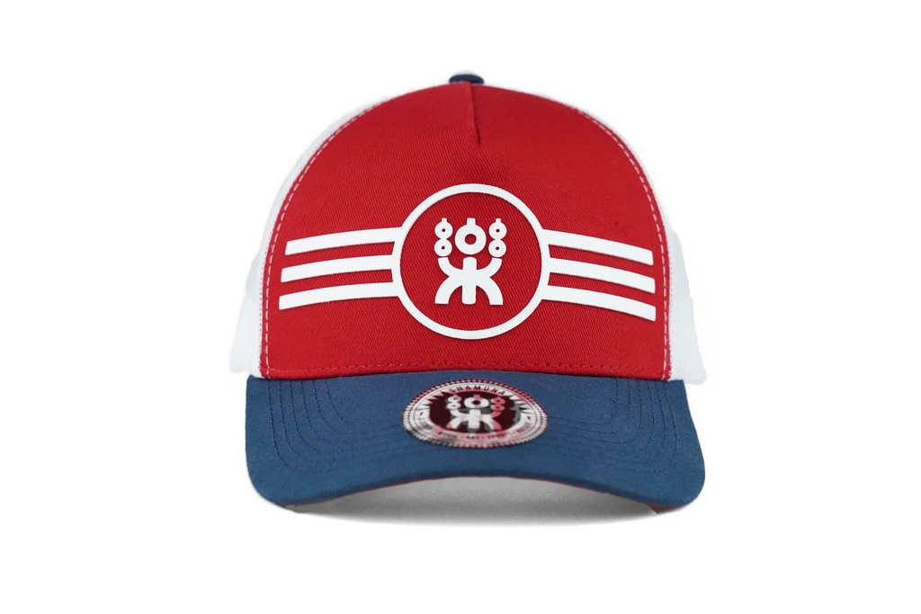 RED/BLUE/WHITE TRUCKER WHITE CIRCLE LOGO
